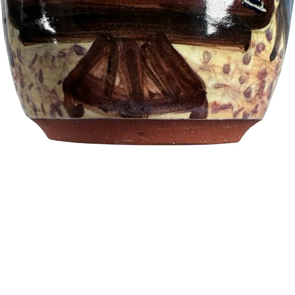 Liz‎ Lawrence Redware Pottery Vase 1992 Hand Painted Scenic Interior Landscape